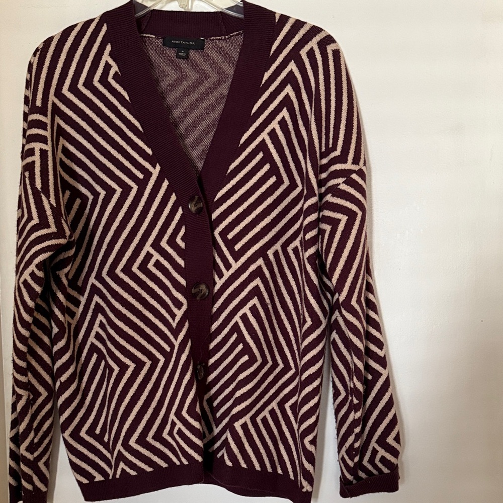 Ann Taylor Maroon and Beige Patterned Cardigan